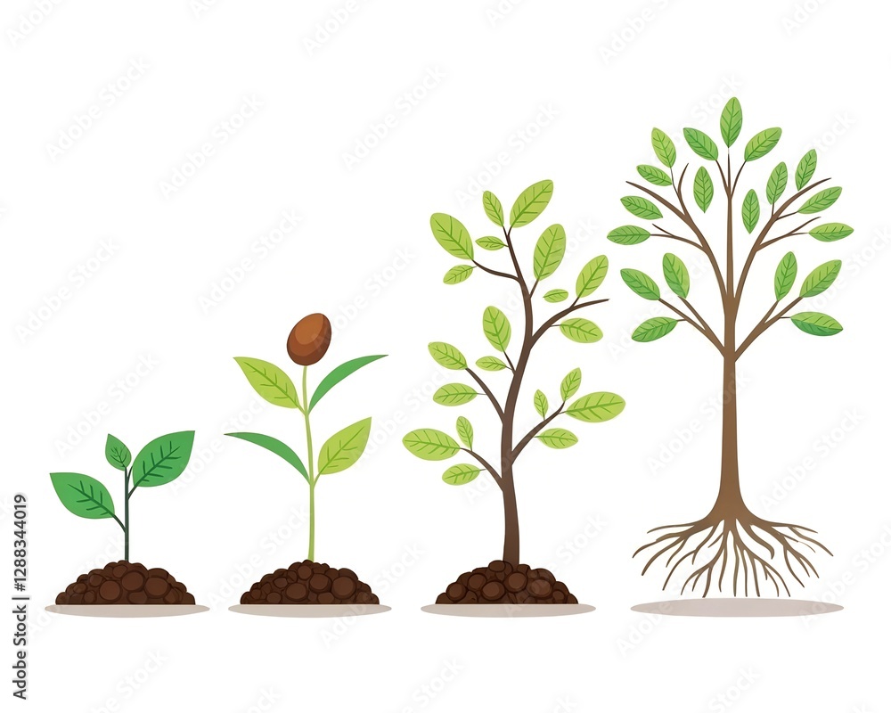 Fototapeta premium The stages of a plant's growth, from seed to tree.