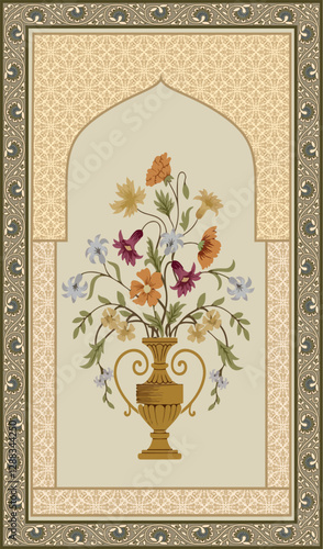 Traditional Indian rug Design, Mughal arch, Seamless Border.