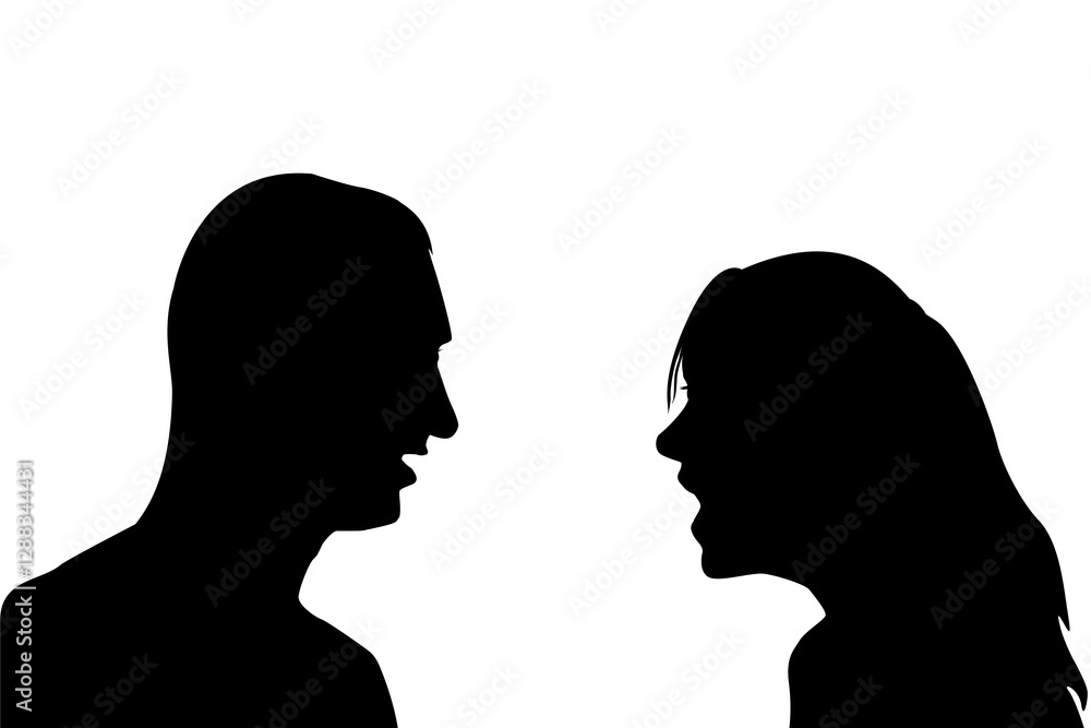 Silhouette of a female and male couple in profile yelling at each other Silhouette of a female and male couple in profile yelling at each other