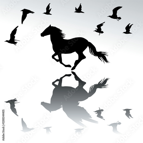 Silhouette of a horse surrounded by flying birds imagining that it has wings and flies with the birds.eps
