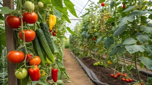 A view down a greenhouse aisle with various vegetables, including tomatoes, cucumbers, and peppers, growing abundantly on their vines. photo