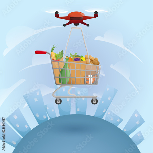 concept of online delivery by drone courier during discount season, contactless delivery of Shopping cart