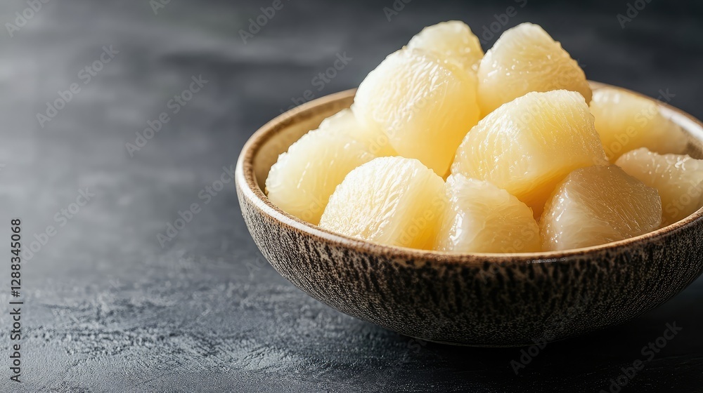 Close-up of peeled pomelo segments arranged neatly on a dark background with space around for branding. Close-up of peeled pomelo segments arranged neatly on a dark background with space around for branding.