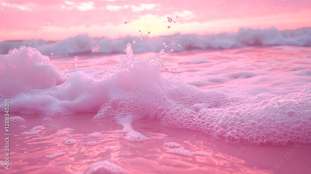 Fototapeta premium Pink sunset ocean waves foam close-up