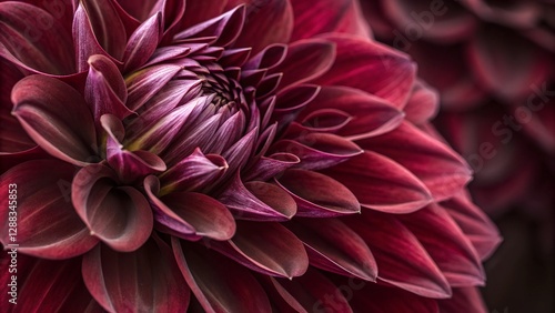 Crimson Dahlia Close-Up: Intricate layers of a deep crimson dahlia unfold in a mesmerizing close-up, revealing a rich texture and a captivating play of light and shadow.