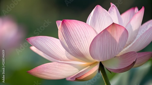 Lotus Blossom in Sunlight: Delicate pink and white lotus flower, illuminated by soft sunlight, showcasing its intricate petal details and serene beauty. 