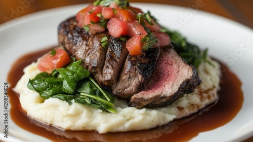 Juicy pork steak meal, featuring a smoky spicy glaze, smooth mashed potatoes, and a refreshing spinach tomato salad, plated in an elegant style.