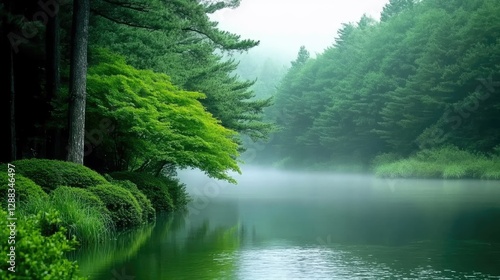 Lush greenery frames the Oirase River, as its tranquil waters meander through the misty verdant forest of Aomori, Japan.