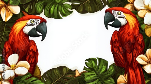 Two Red Macaws in Tropical Floral Frame