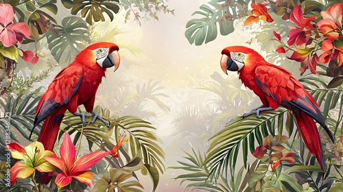 Two Scarlet Macaws Among Lush Tropical Foliage