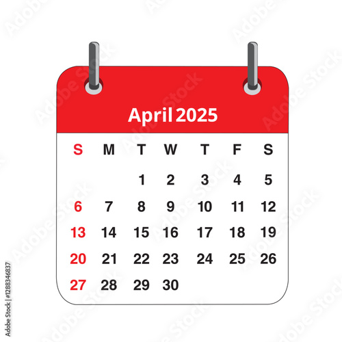 April 2025 calendar page isolated on a white background