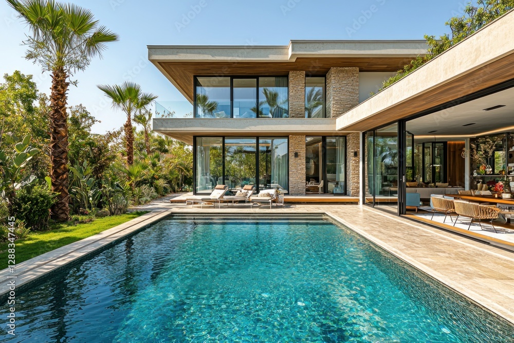 Fototapeta premium Modern home with pool, palm trees, sunny skies, and lush green background