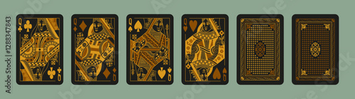 Queens playing poker cards suit set Hearts, Spades, Clubs, Diamonds. Face and back. Gold and Black design, vector card isolated on green background.