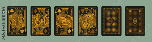 Jack playing poker cards suit set Hearts, Spades, Clubs, Diamonds. Face and back. Gold and Black design, vector cards isolated on green background.