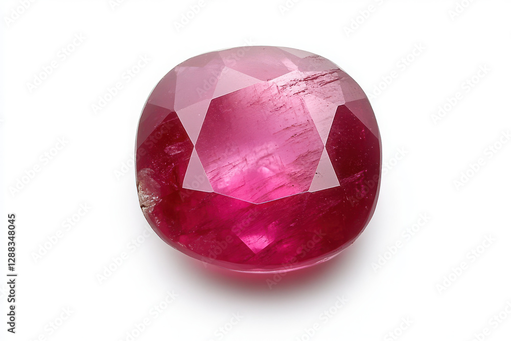 Fototapeta premium Brilliant red ruby with faceted cut for luxurious jewelry on white background