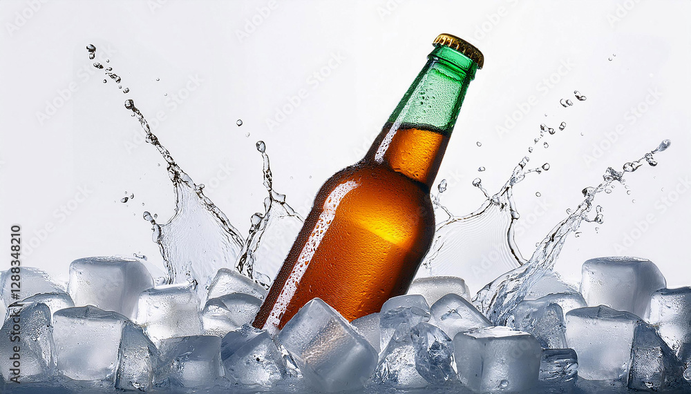 Beer Bottle with water drops and ice