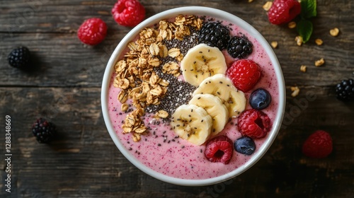 Flat lay of a smoothie bowl topped with fresh berries, granola, chia seeds, and sliced bananas, leaving clear space on a wooden table for text. photo