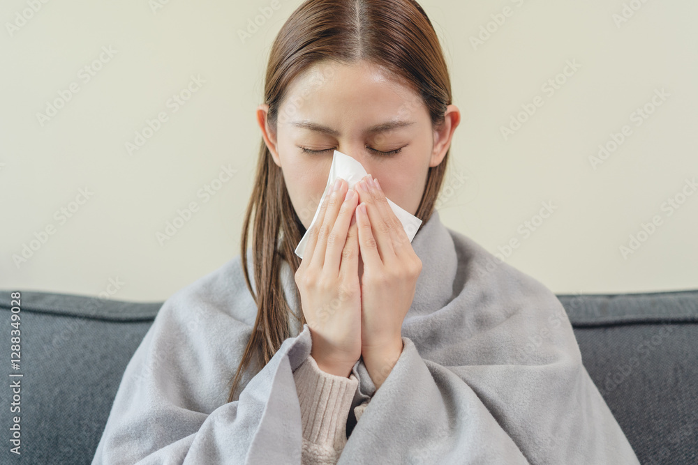 Flu and common cold in winter season concept, Woman sneezing on the bad and have fever resting at home. Flu and common cold in winter season concept, Woman sneezing on the bad and have fever resting at home.