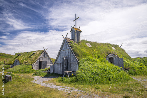 Old Viking house and church at Norstead village, L'Anse aux Meadows, Newfoundland and Labrador, Canada