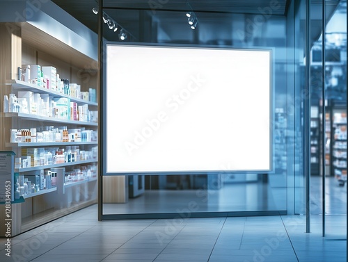 Illuminated blank signboard inside modern pharmacy with aisle shelves