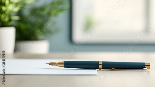 Wallpaper Mural stylish fountain pen rests on blank sheet of paper, symbolizing creativity and inspiration in serene workspace. background features soft greenery, enhancing calm atmosphere Torontodigital.ca