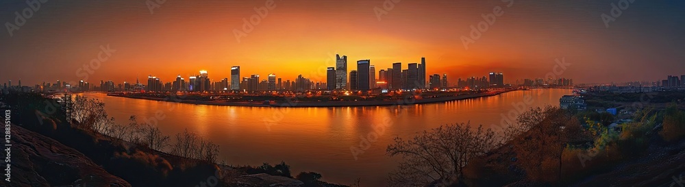 Naklejka premium A panoramic view skyline at dusk, with towering skyscrapers and vibrant city lights