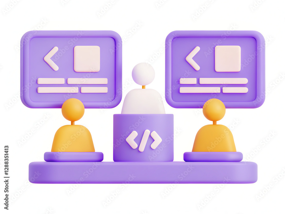 Colorful 3D illustration of a coding environment with screens and figures. Colorful 3D illustration of a coding environment with screens and figures.