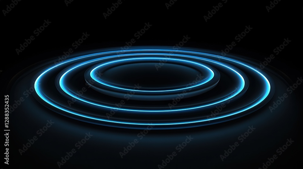 Fototapeta premium Computer graphics moving from the center forward bright blue circles on a black background. Technology development concept. A symbol of the multi-layered world and space. concentric circles