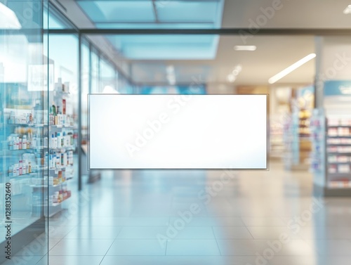 Pharmacy facade with advertising space, mock-up template display