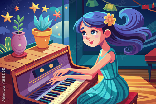 vector of  A girl playing the piano