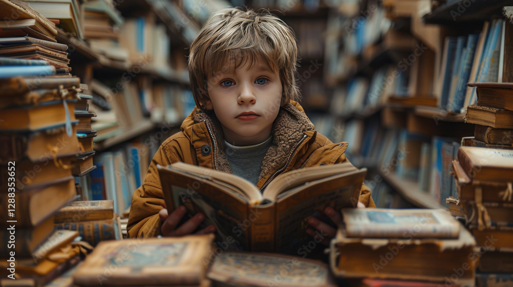 A child reading a book surrounded by stacks, symbolizing focused learning in special education. A child reading a book surrounded by stacks, symbolizing focused learning in special education.