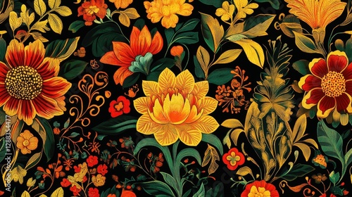 Wallpaper Mural Vibrant Floral Textile Design  Golden Yellow Orange Red Flowers Seamless Pattern Torontodigital.ca