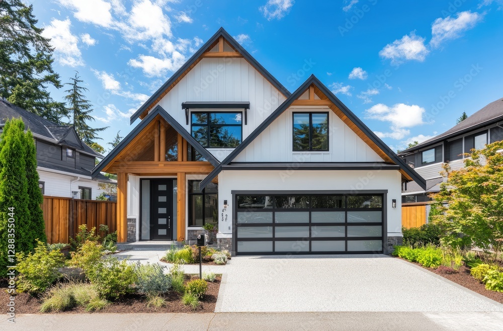 A modern farmhouse-style home in British Columbia, Canada, with white walls and a black roof, featuring large windows for natural light and a detailed front entrance with a garage door. A modern farmhouse-style home in British Columbia, Canada, with white walls and a black roof, featuring large windows for natural light and a detailed front entrance with a garage door.