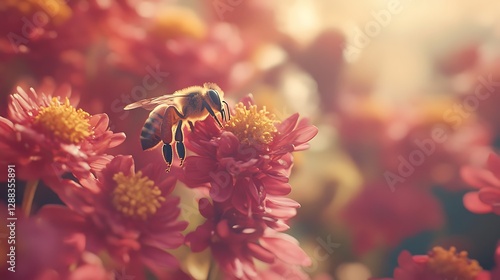 A close-up of a honeybee pollinating a flower in a field