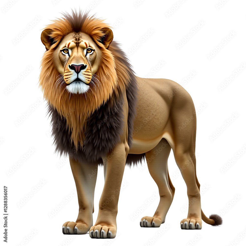 Obraz premium Majestic male lion portrait, full body, isolated on transparent background. Regal and powerful animal for wildlife, nature, strength concepts. Use for branding, education, design.