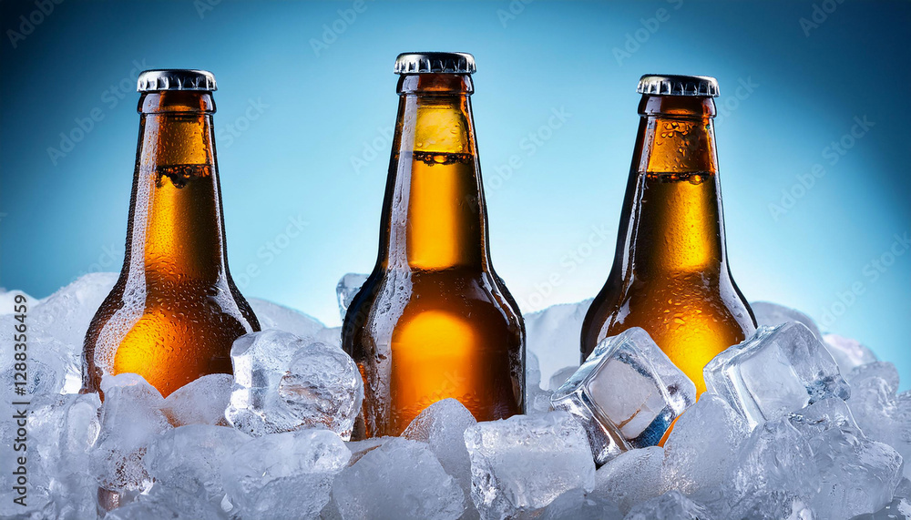 Three beer bottles getting cool in ice cubes.