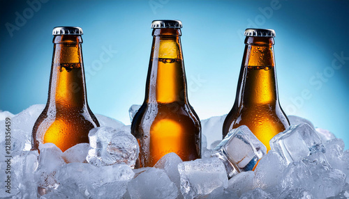 Obraz na płótnie Three beer bottles getting cool in ice cubes. w salonie