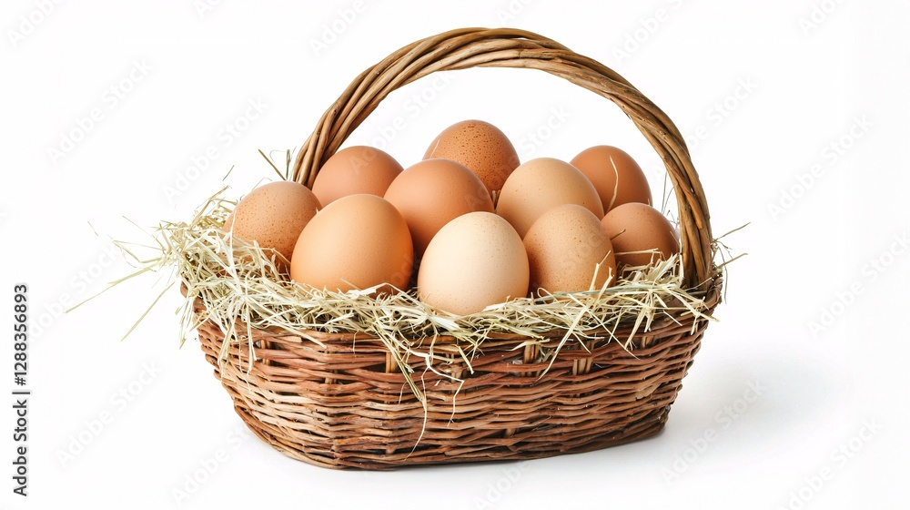 Fresh Brown Eggs in a Rustic Wooden Basket with Hay Decoration Fresh Brown Eggs in a Rustic Wooden Basket with Hay Decoration