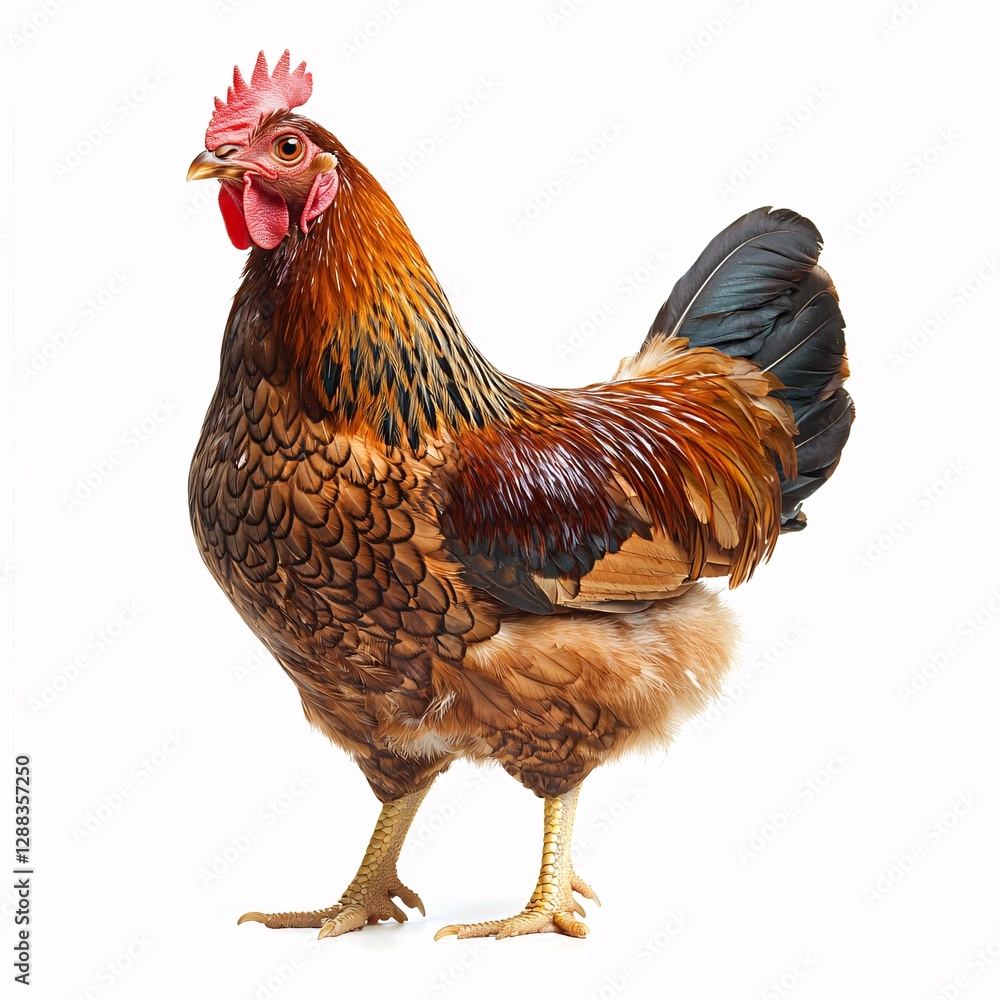 Fototapeta premium Bright Brown Hen with Glossy Feathers Posing on White Background