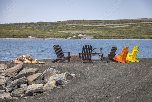 Wooden chairs overlooking the harbour at Raleigh, Newfoundland and Labrador, Canada photo