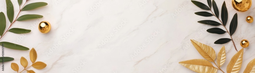 A serene, minimalist background featuring green and gold leaves with decorative golden orbs, perfect for elegant designs or invitations. A serene, minimalist background featuring green and gold leaves with decorative golden orbs, perfect for elegant designs or invitations.