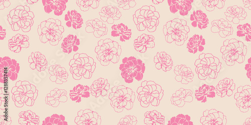 Pink abstract shapes buttercups, pansies flowers seamless pattern on a light background. Contour silhouettes, lines, outlined floral print. Vector hand drawn. Plain nature ornament for designs