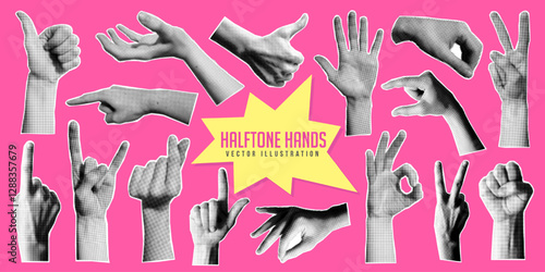 Set of dotted halftone hand gesture, finger pointing, touch, click or tap, comic magazine sticker, retro grunge newspaper cutout and contemporary y2k doodle pop art with torn paper. Woman hand symbol.