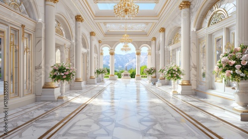A majestic palace with grand marble columns and golden chandeliers  where an enchanting AR garden blooms in real time  blending classical luxury