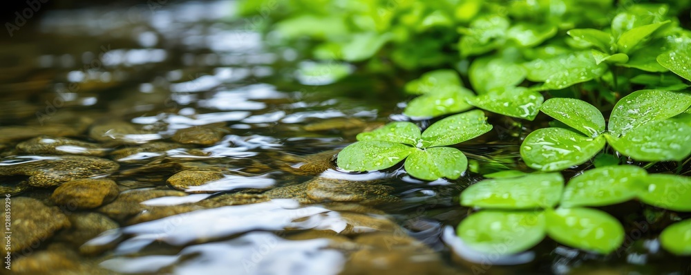 Earth day environmental idea. A serene close-up of green leaves resting on clear water with smooth stones underneath. Earth day environmental idea. A serene close-up of green leaves resting on clear water with smooth stones underneath.