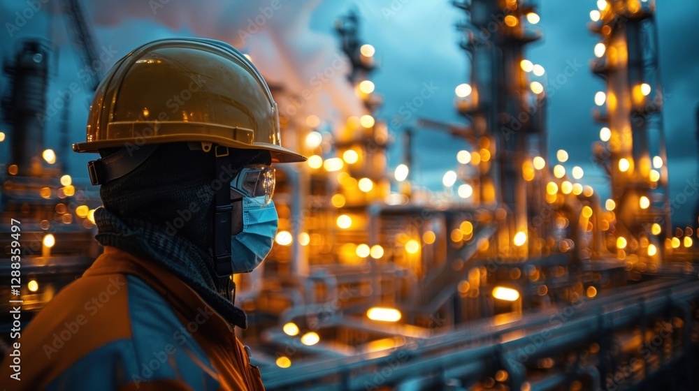 Industrial worker wearing a hard hat and mask at night, observing a brightly lit refinery with glowing structures and rising smoke. Industrial worker wearing a hard hat and mask at night, observing a brightly lit refinery with glowing structures and rising smoke.