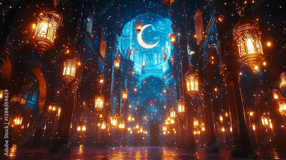 Naklejka premium Majestic Hallway Illuminated by Hanging Lanterns with a Crescent Moon and Starry Sky, Creating a Dreamlike Atmosphere of Tranquility and Spirituality