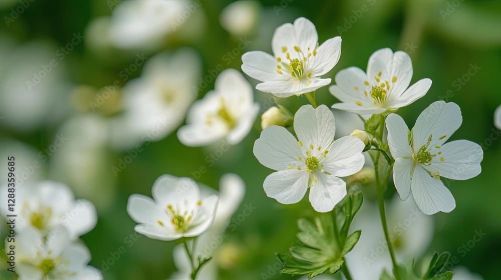 Earth day environmental concept. Delicate white flowers bloom amidst lush green foliage in a serene natural setting. Earth day environmental concept. Delicate white flowers bloom amidst lush green foliage in a serene natural setting.