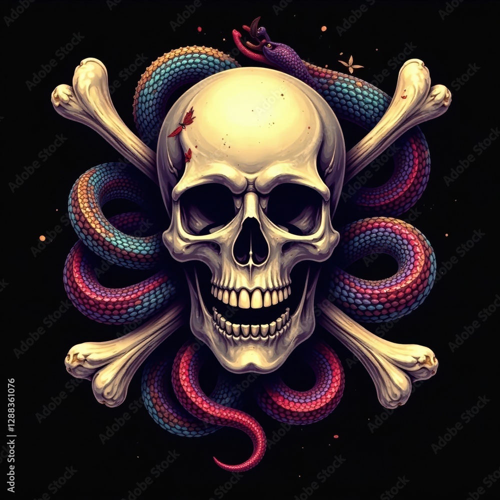 Fototapeta premium Skull and crossbones on black background with a skull surrounded by snakes, deadly creatures, venom, snake bite