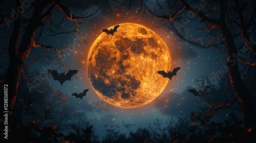 Silhouettes of bats flying across a glowing full moon, framed by twisted branches, creating a dark and spooky night-time atmosphere.